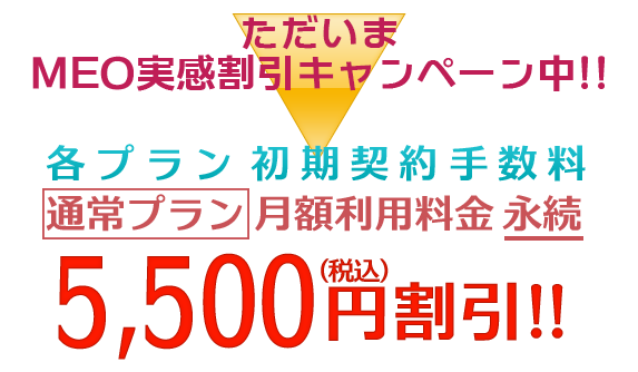 MEO実感割引キャンペーン中!! 通常プラン限定!! 初期契約手数料・月額利用料金が永続5,500円(税込)割引